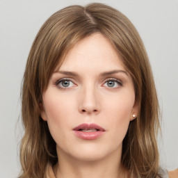Neutral white young-adult female with medium  brown hair and grey eyes