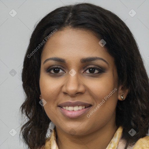 Joyful black young-adult female with long  brown hair and brown eyes