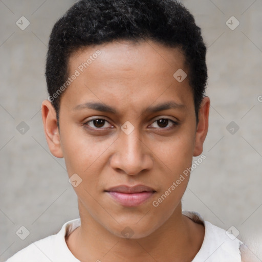 Joyful latino young-adult female with short  brown hair and brown eyes