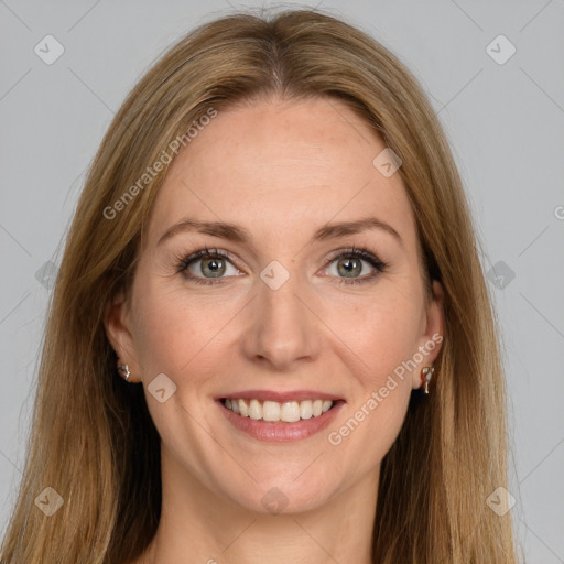 Joyful white young-adult female with long  brown hair and green eyes