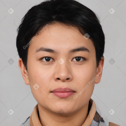 Neutral asian young-adult female with short  brown hair and brown eyes