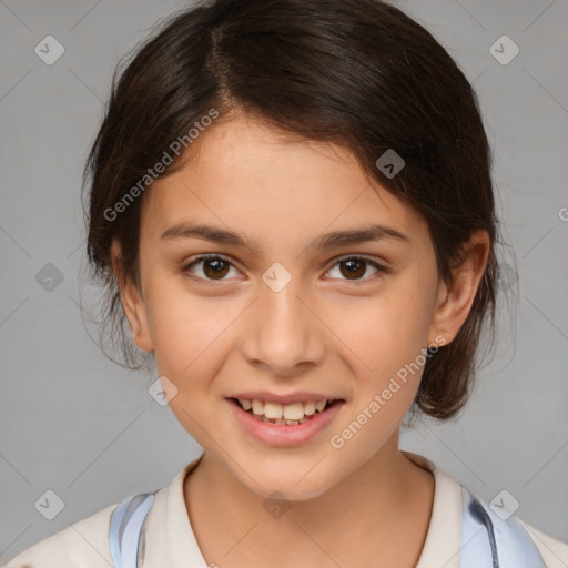 Joyful white child female with medium  brown hair and brown eyes