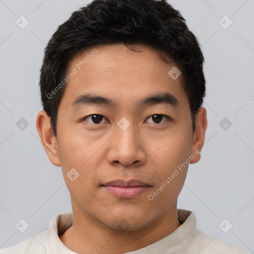 Neutral asian young-adult male with short  black hair and brown eyes