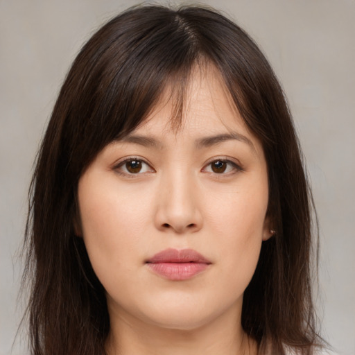 Neutral asian young-adult female with long  brown hair and brown eyes