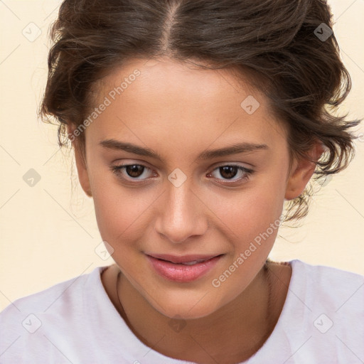 Joyful white child female with medium  brown hair and brown eyes