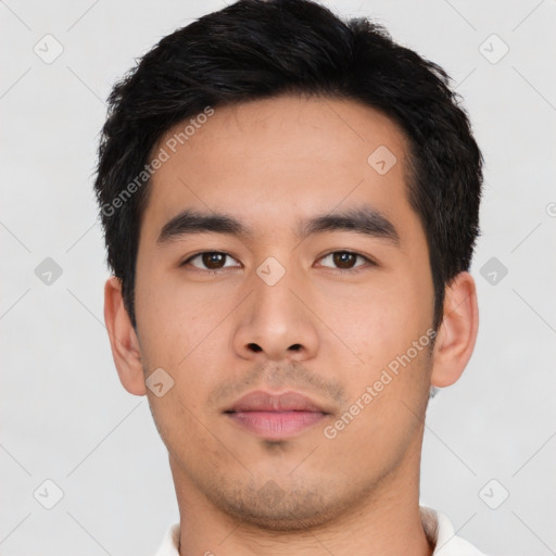 Neutral asian young-adult male with short  black hair and brown eyes