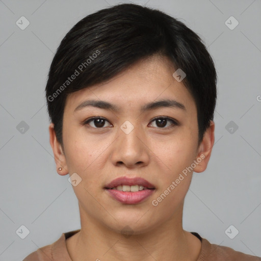 Joyful asian young-adult female with short  black hair and brown eyes