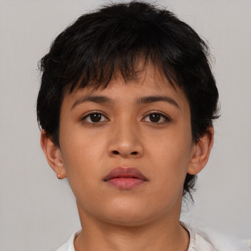 Neutral asian young-adult female with short  brown hair and brown eyes