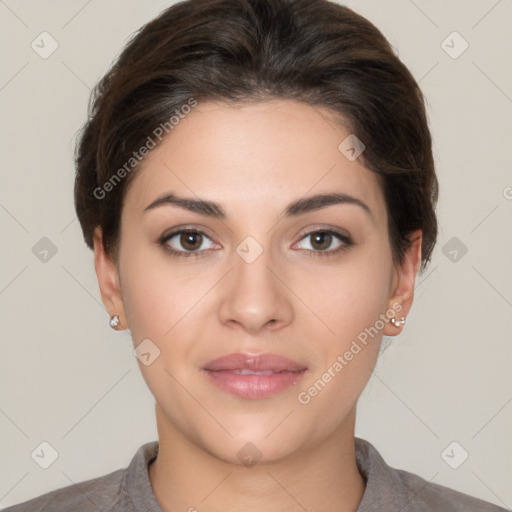 Neutral white young-adult female with short  brown hair and brown eyes