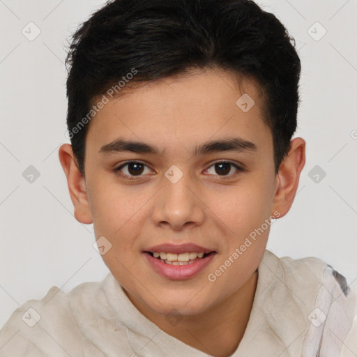 Joyful white child male with short  brown hair and brown eyes