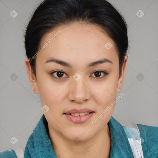 Joyful asian young-adult female with short  brown hair and brown eyes