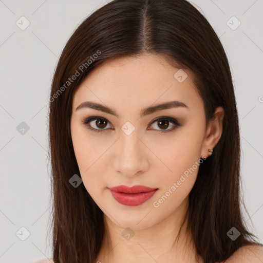 Neutral white young-adult female with long  brown hair and brown eyes