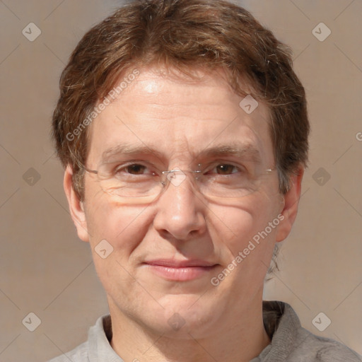 Joyful white middle-aged male with short  brown hair and brown eyes