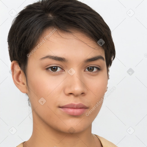 Neutral white young-adult female with short  brown hair and brown eyes