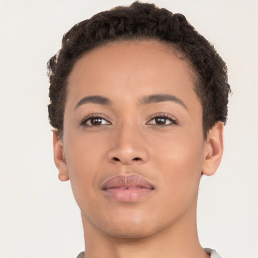 Neutral latino young-adult female with short  brown hair and brown eyes