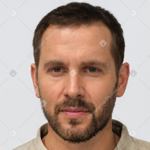 Neutral white adult male with short  brown hair and brown eyes