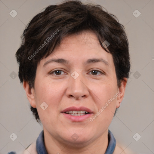 Joyful white adult female with short  brown hair and brown eyes