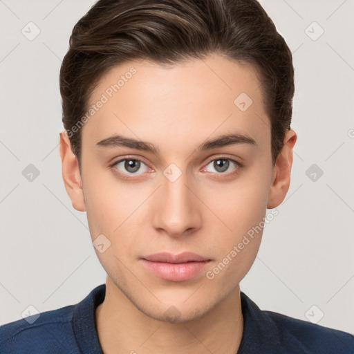 Neutral white young-adult male with short  brown hair and brown eyes