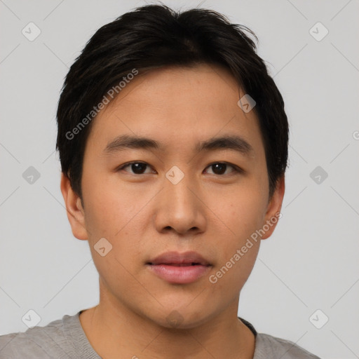 Neutral asian young-adult male with short  black hair and brown eyes