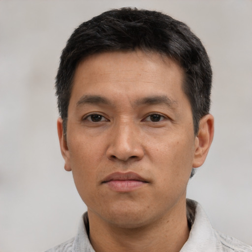 Neutral asian adult male with short  black hair and brown eyes