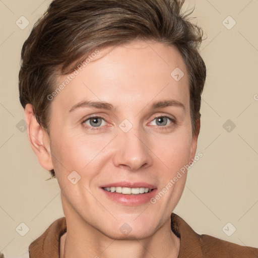 Joyful white young-adult female with short  brown hair and grey eyes