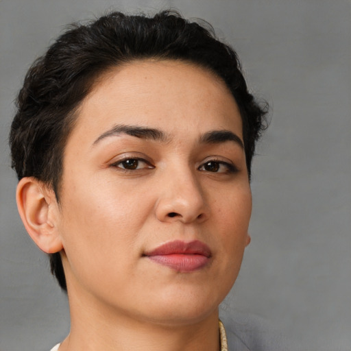 Neutral white young-adult female with short  brown hair and brown eyes