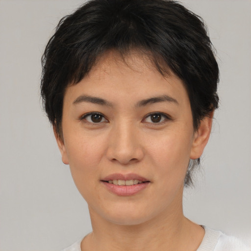 Joyful asian young-adult female with short  brown hair and brown eyes