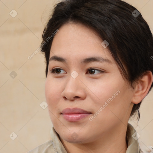 Joyful white young-adult female with medium  brown hair and brown eyes