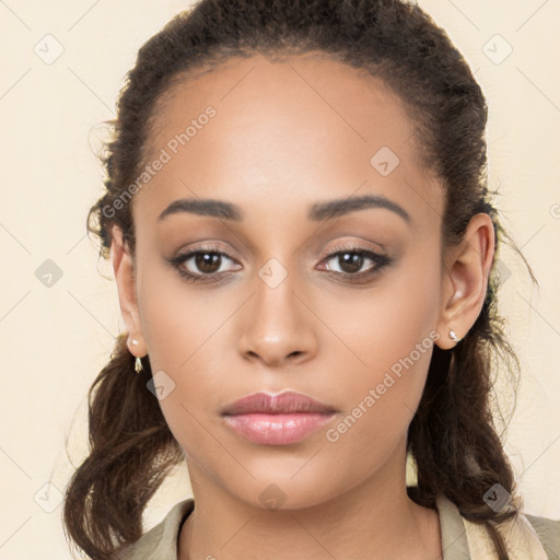 Neutral white young-adult female with long  brown hair and brown eyes