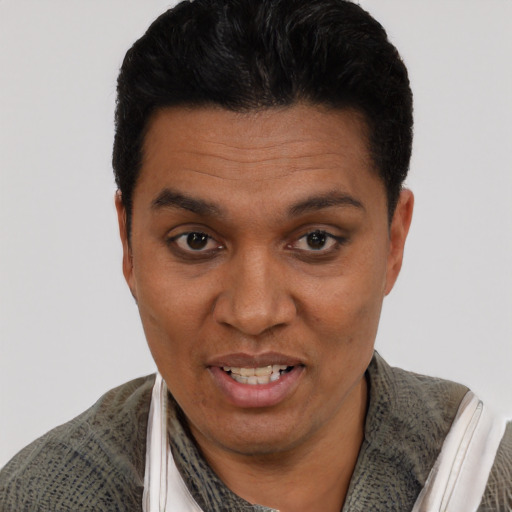Joyful black adult male with short  black hair and brown eyes
