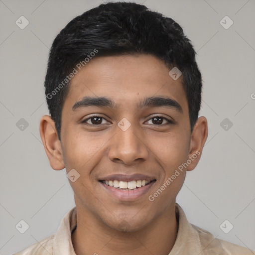 Joyful latino young-adult male with short  black hair and brown eyes