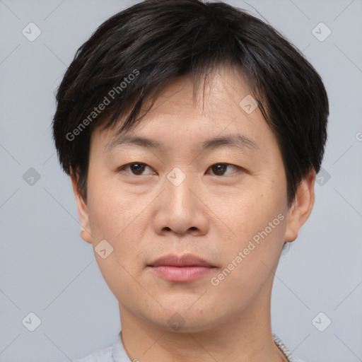 Neutral asian young-adult male with short  brown hair and brown eyes