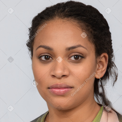 Joyful latino young-adult female with long  black hair and brown eyes