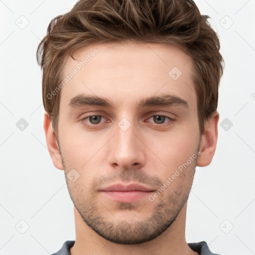 Neutral white young-adult male with short  brown hair and grey eyes