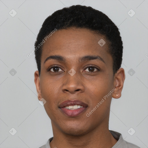 Joyful black young-adult female with short  black hair and brown eyes