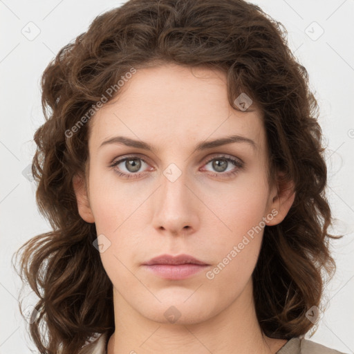 Neutral white young-adult female with medium  brown hair and green eyes