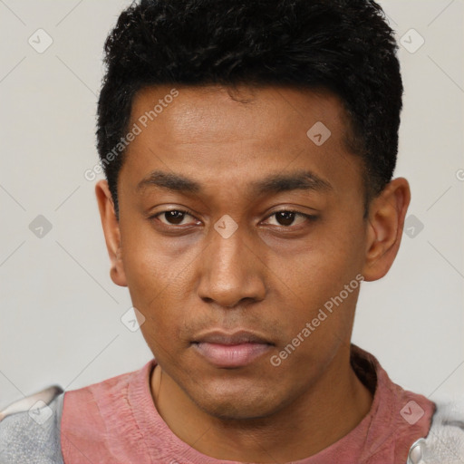 Neutral latino young-adult male with short  black hair and brown eyes