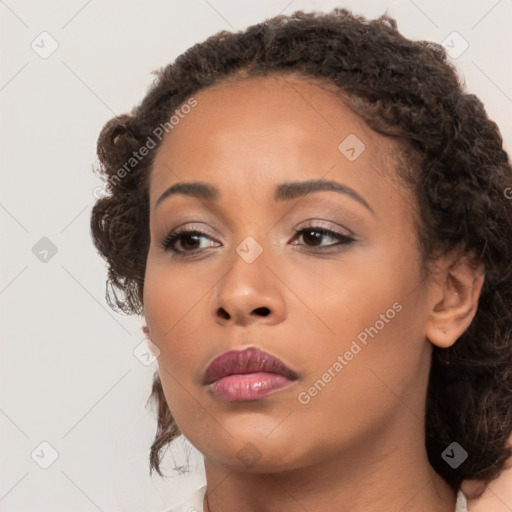 Neutral white young-adult female with medium  brown hair and brown eyes