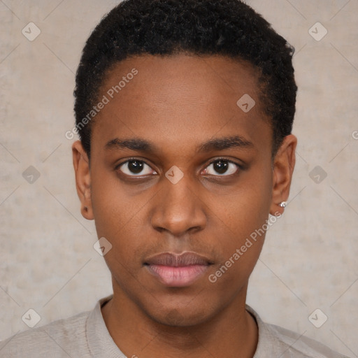 Neutral black young-adult male with short  black hair and brown eyes