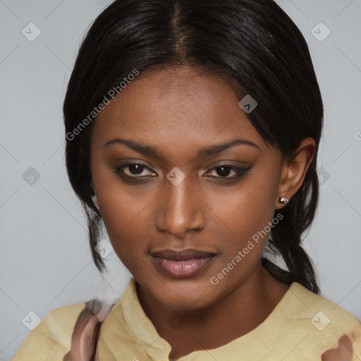 Neutral asian young-adult female with medium  brown hair and brown eyes