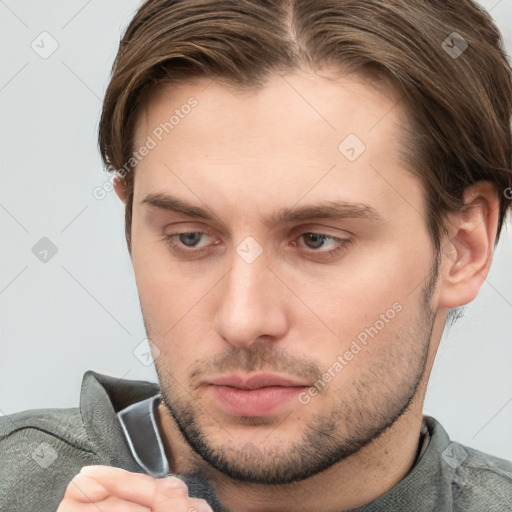 Neutral white young-adult male with short  brown hair and grey eyes