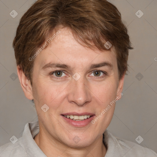 Joyful white adult male with short  brown hair and grey eyes