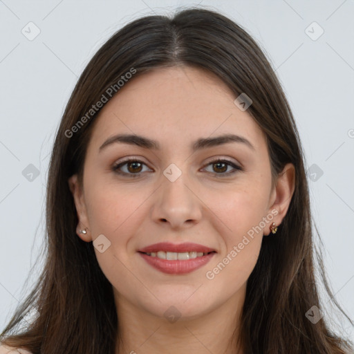 Joyful white young-adult female with long  brown hair and brown eyes