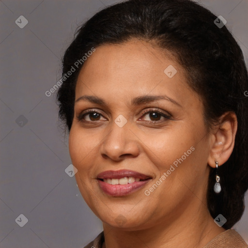 Joyful white adult female with medium  brown hair and brown eyes