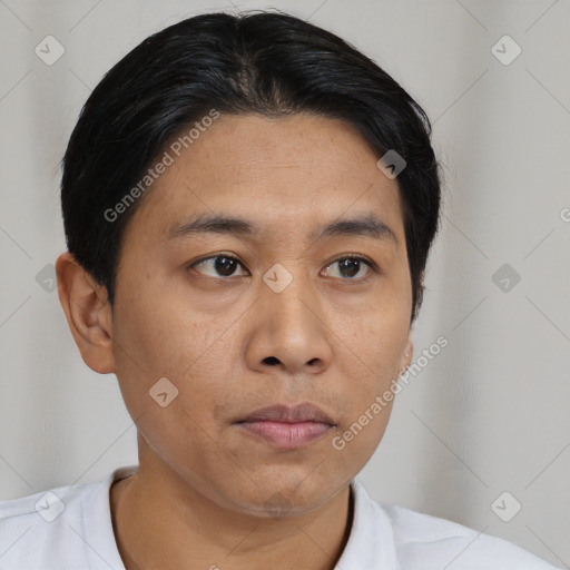 Neutral asian young-adult male with short  brown hair and brown eyes