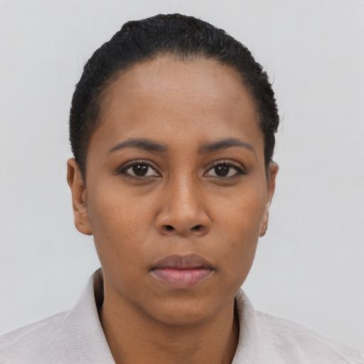 Neutral latino young-adult female with short  black hair and brown eyes