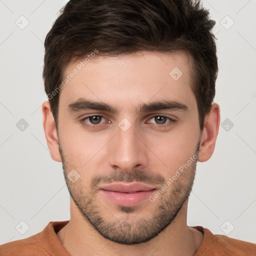 Neutral white young-adult male with short  brown hair and brown eyes