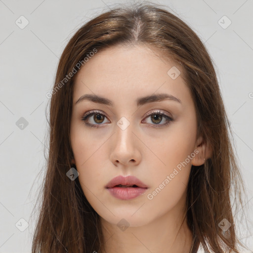 Neutral white young-adult female with long  brown hair and brown eyes