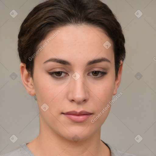 Neutral white young-adult female with short  brown hair and brown eyes