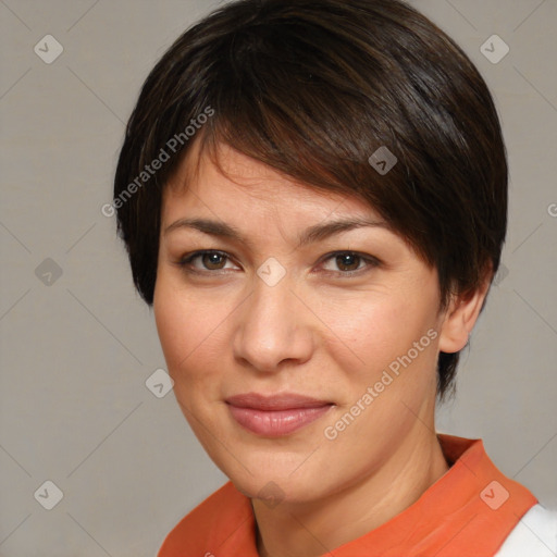 Joyful white young-adult female with medium  brown hair and brown eyes